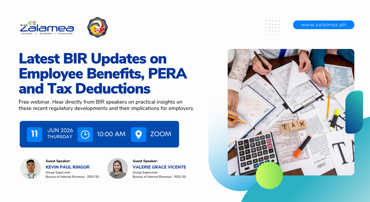 Latest BIR Updates on Employee Benefits, PERA and Tax Deductions webinar banner.